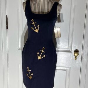 Navy Anchor Dress vintage nwt misty lane gold nautical size 3/4 sleeveless D372